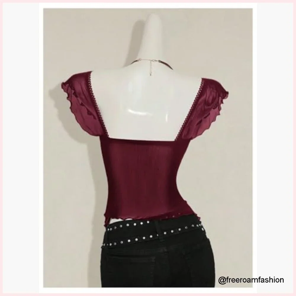 Sheer Mesh Ruffle Tank Top Sweetheart Neck Crop Top Slim Fit - Picture 2 of 5